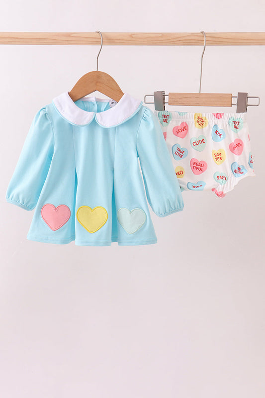 Blue heart applique bloomer set