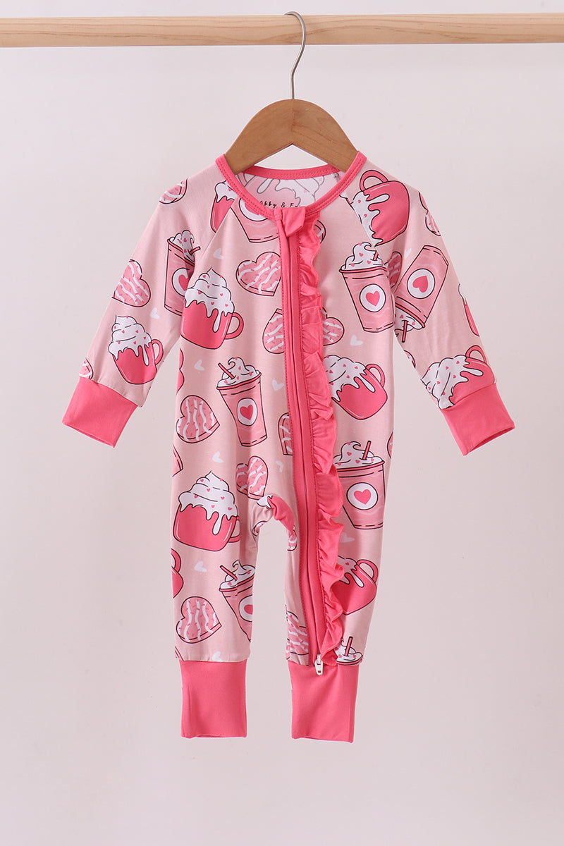 Pink heart print bamboo pajama ruffle zipper romper
