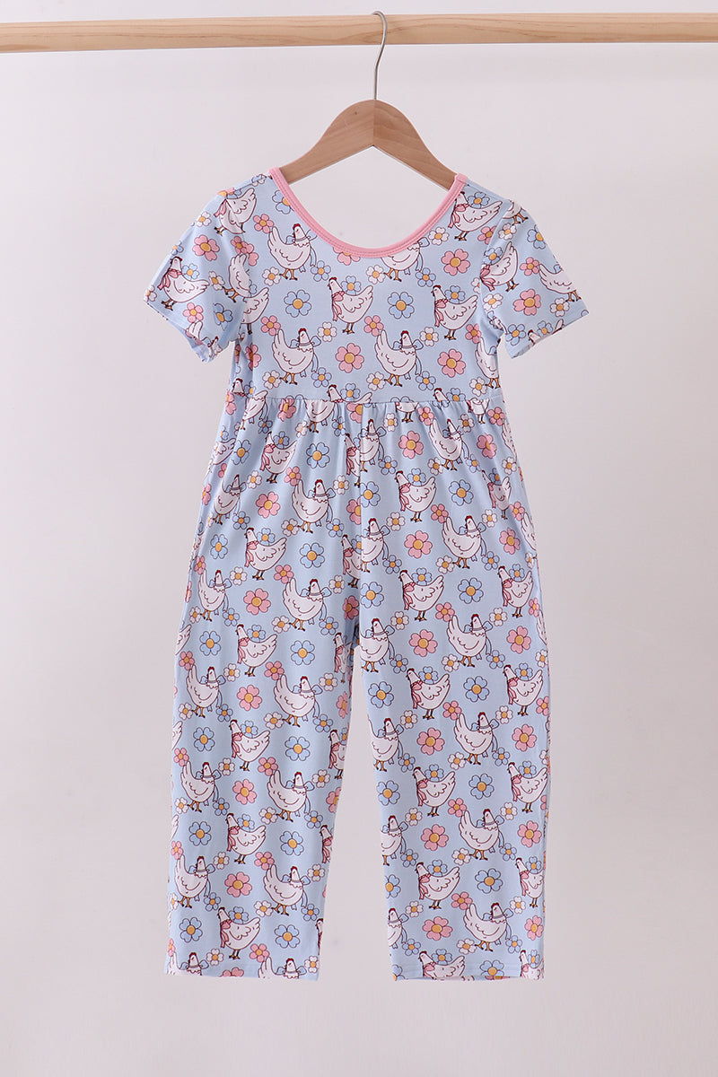 Blue chicken floral print pajama jumpsuit