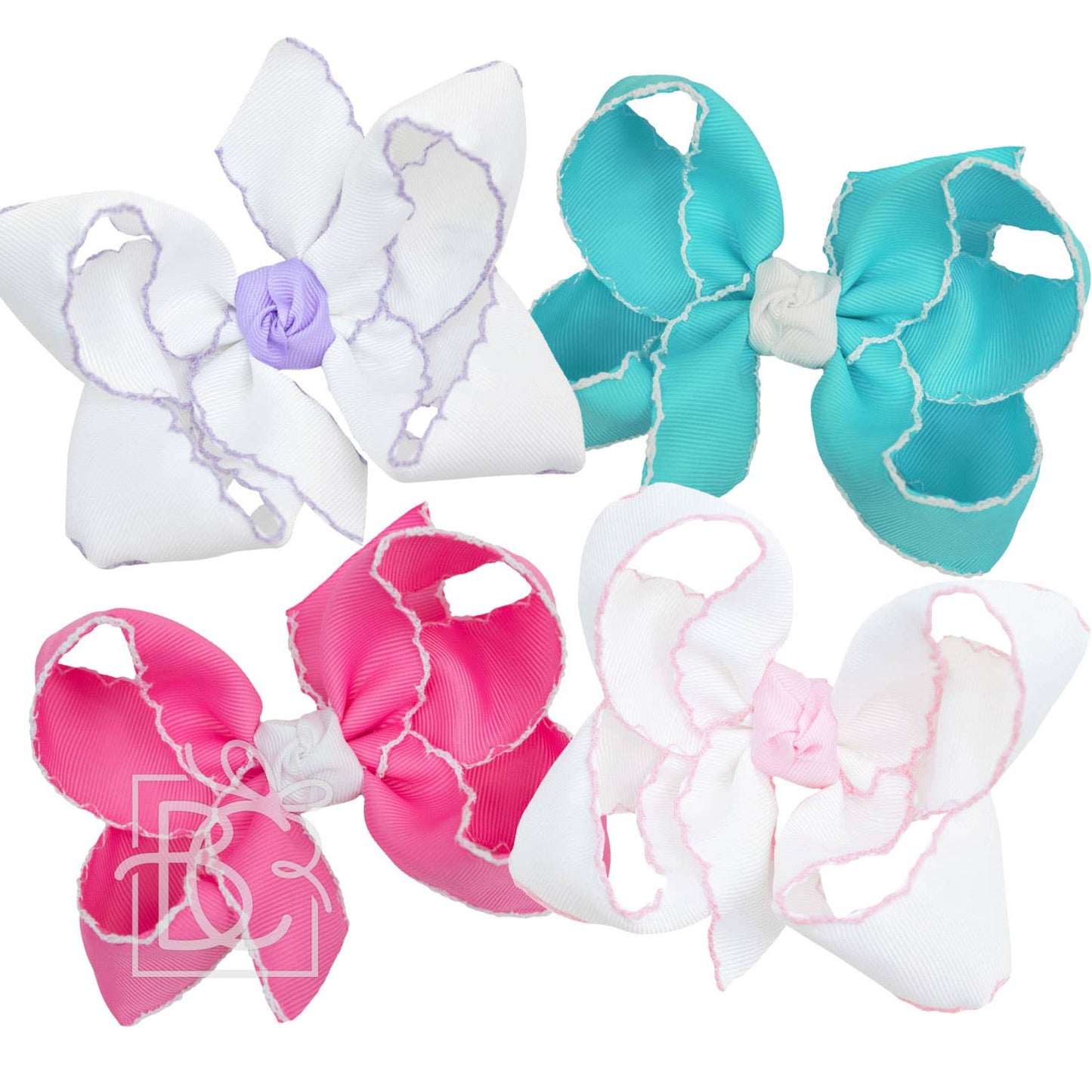 CROCHET EDGE RIBBON BOW ON CLIP: 4.5" Large - 1.5" Ribbons on Alligator Clip / WHITE/LT. PINK