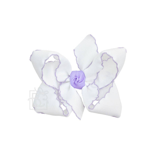 CROCHET EDGE RIBBON BOW ON CLIP: 4.5" Large - 1.5" Ribbons on Alligator Clip / WHITE/LT. ORCHID